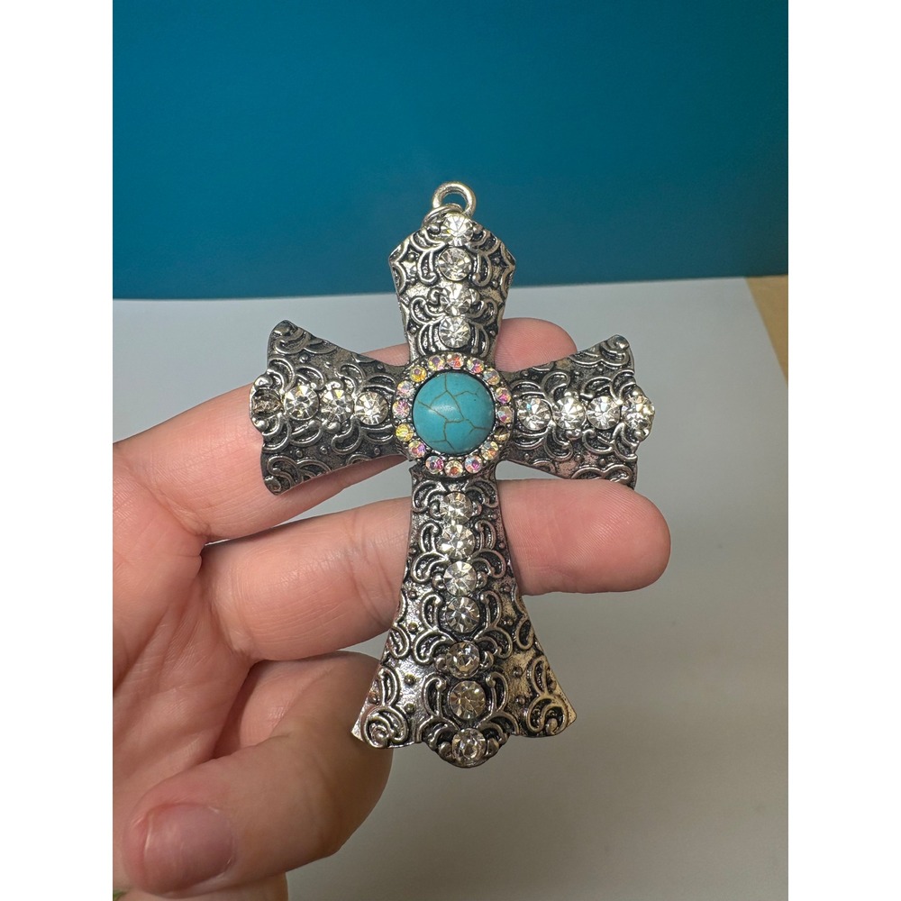 Ornate Silver Tone Cross Pendant Faux Turquoise Rhinestone Filigree Southwestern